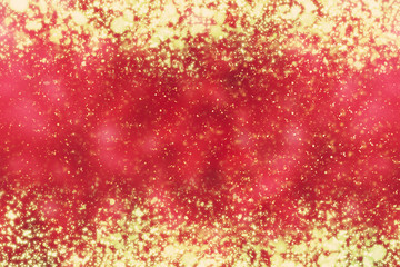 Red  Abstract Christmas Background with Rays and Golden circle glitter or bokeh lights. Round gold defocused particles
