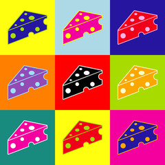 Cheese Maasdam sign. Vector. Pop-art style colorful icons set with 3 colors.