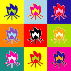 Fototapeta na wymiar Fire sign. Vector. Pop-art style colorful icons set with 3 colors.
