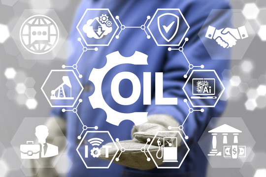 Fuel Industry 4.0 concept. Servicing gas production. Gasoline manufacture. Introduction computer technologies in petroleum manufacturing. Worker offer oil gear icon on virtual screen