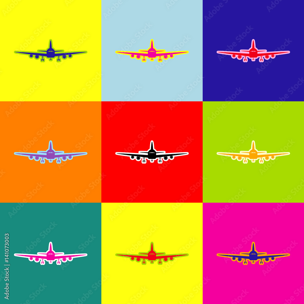 Poster flying plane sign. front view. vector. pop-art style colorful icons set with 3 colors.