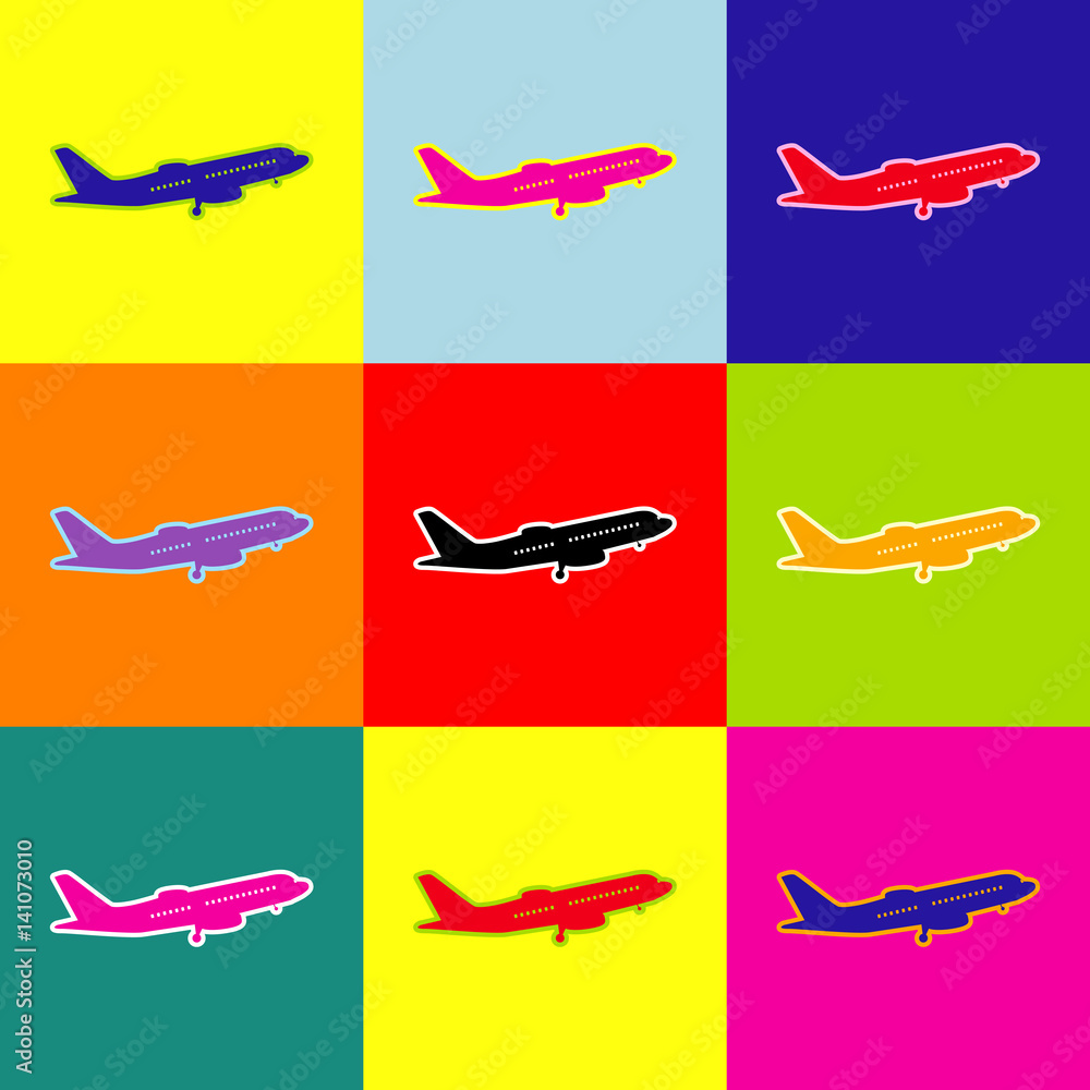 Poster flying plane sign. side view. vector. pop-art style colorful icons set with 3 colors.