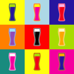 Beer glass sign. Vector. Pop-art style colorful icons set with 3 colors.