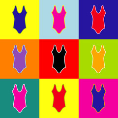 Woman`s swimsuit sign. Vector. Pop-art style colorful icons set with 3 colors.