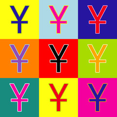 Chinese Yuan sign. Vector. Pop-art style colorful icons set with 3 colors.