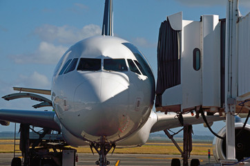 Fototapeta na wymiar The access tunnel closes in on a commercial jet