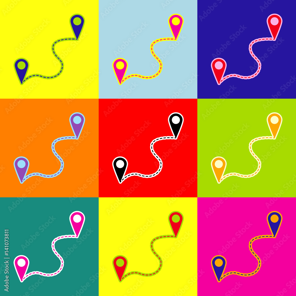 Poster location pin navigation map, gps sign. vector. pop-art style colorful icons set with 3 colors.