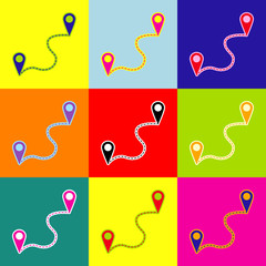 Location pin navigation map, gps sign. Vector. Pop-art style colorful icons set with 3 colors.
