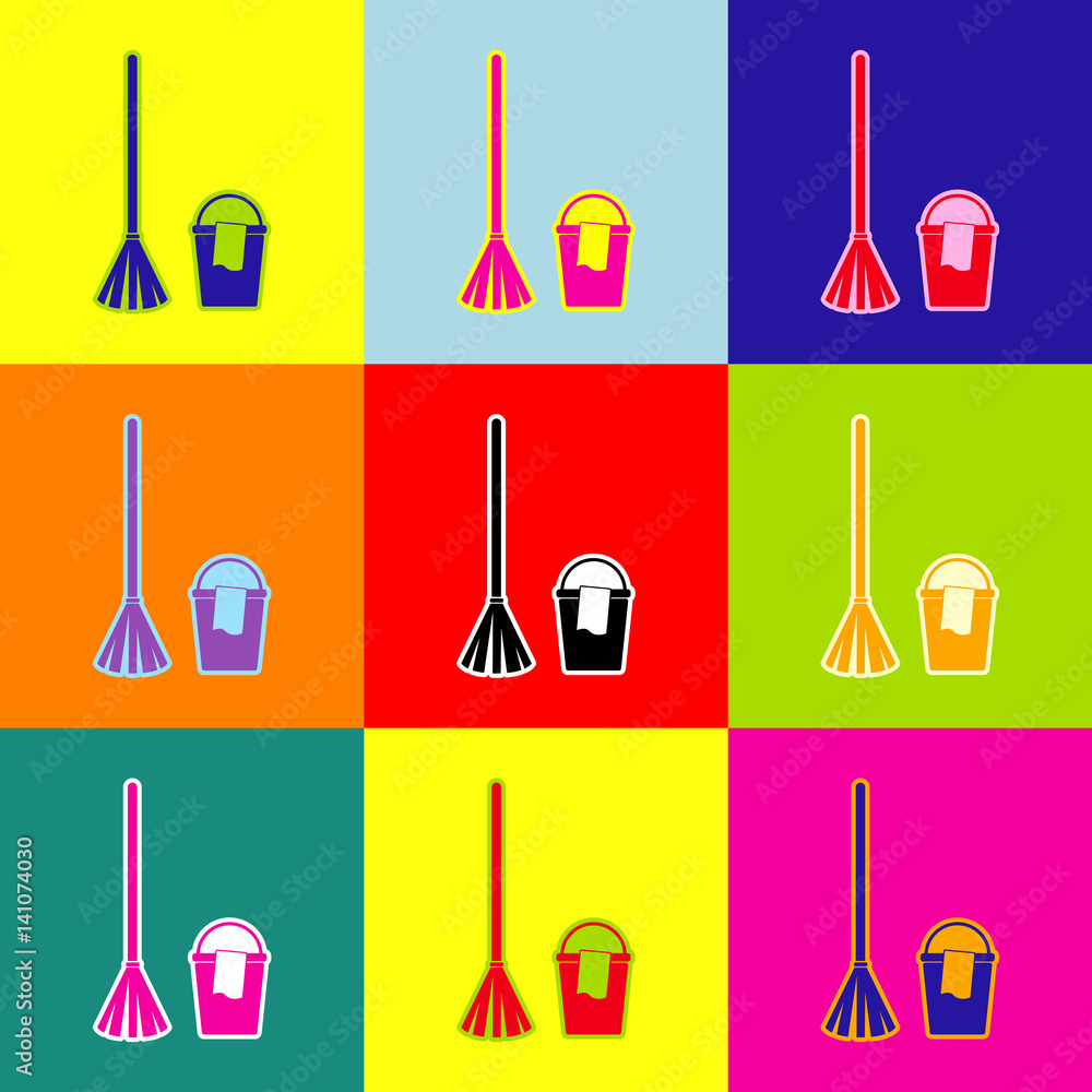 Poster broom and bucket sign. vector. pop-art style colorful icons set with 3 colors.