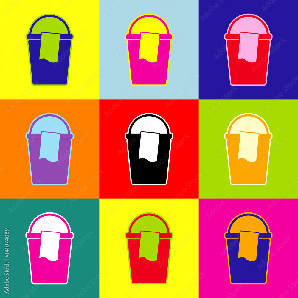 Poster bucket and a rag sign. vector. pop-art style colorful icons set with 3 colors.