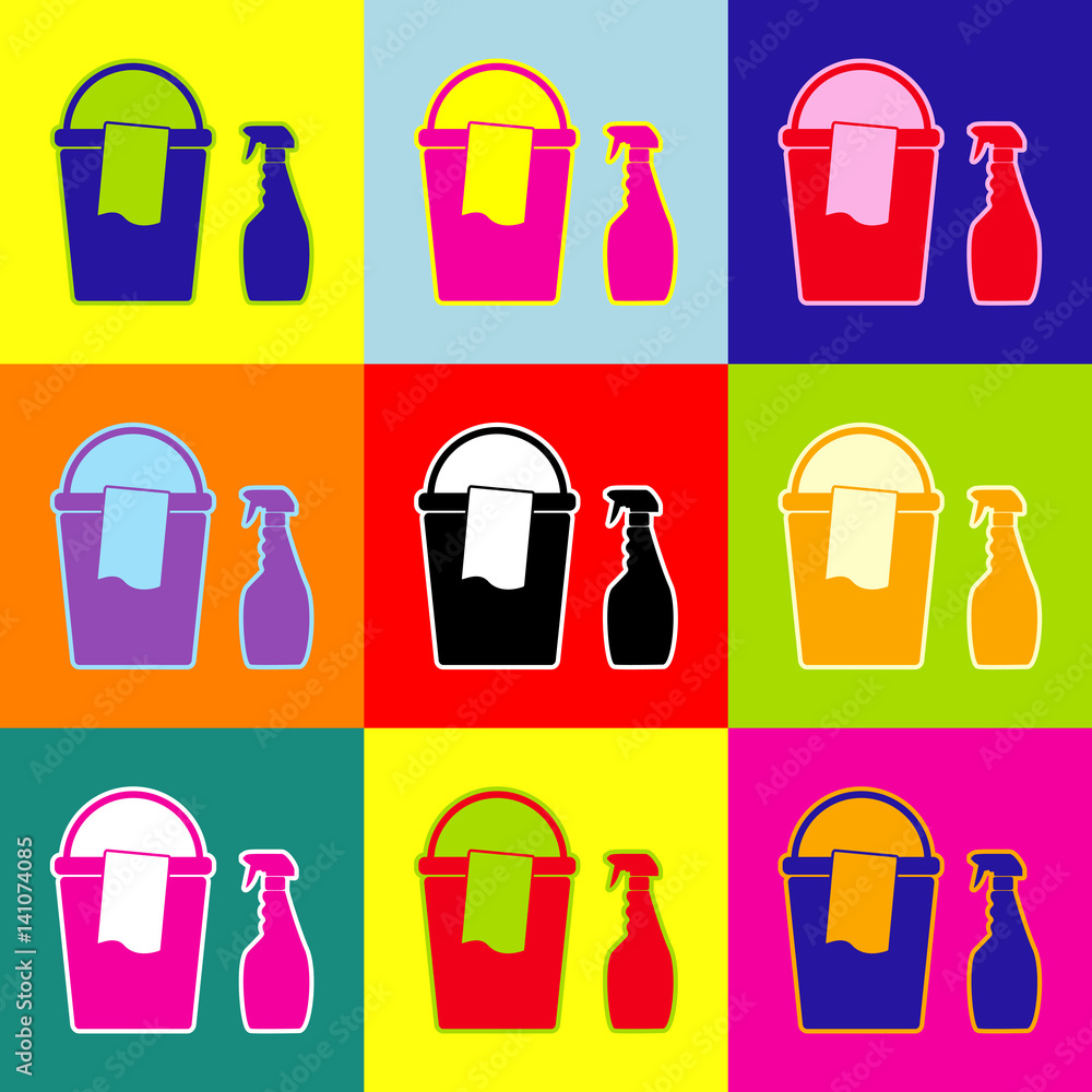 Poster bucket and a rag with household chemical bottles. vector. pop-art style colorful icons set with 3 co