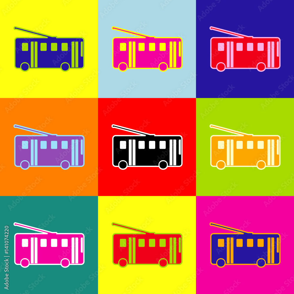 Poster trolleybus sign. vector. pop-art style colorful icons set with 3 colors.