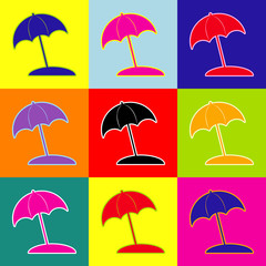 Obraz premium Umbrella and sun lounger sign. Vector. Pop-art style colorful icons set with 3 colors.