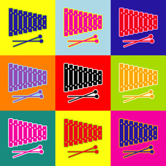 Xylophone sign. Vector. Pop-art style colorful icons set with 3 colors.