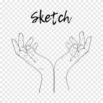 Sketch hand begging hands. Vector line illustration