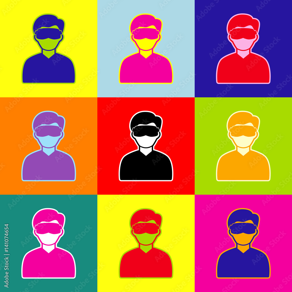 Poster man with sleeping mask sign. vector. pop-art style colorful icons set with 3 colors.
