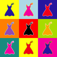 Woman dress sign with tag. Vector. Pop-art style colorful icons set with 3 colors.