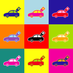 Car sign with tag. Vector. Pop-art style colorful icons set with 3 colors.