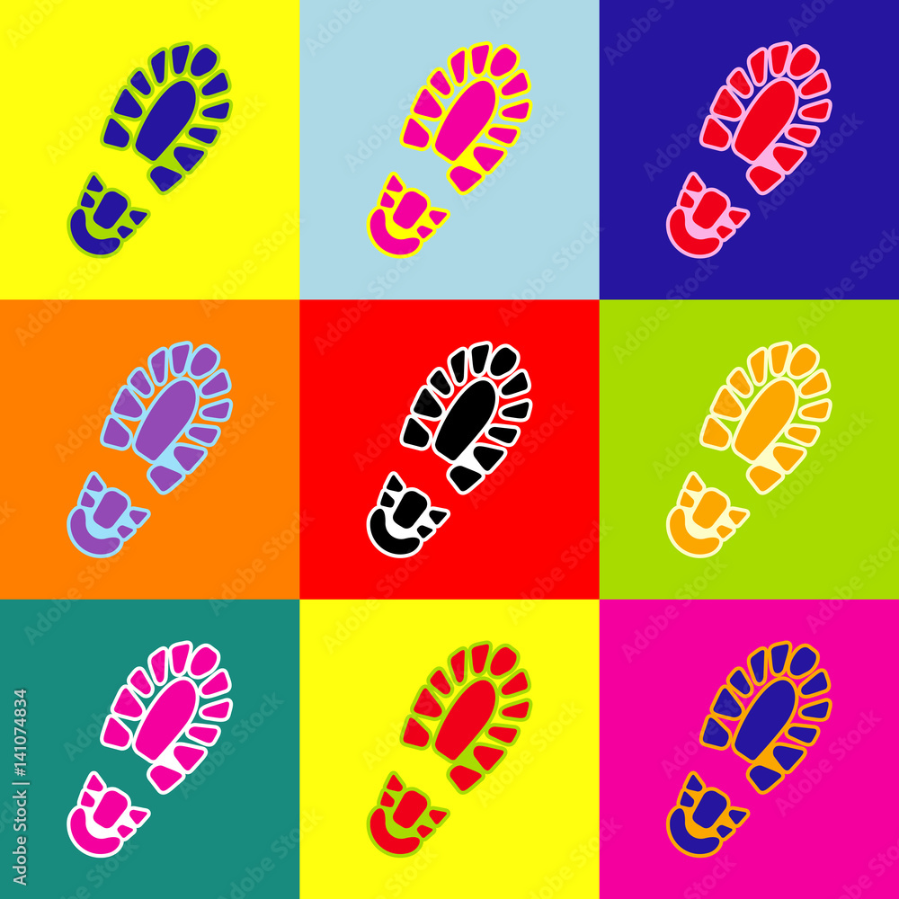 Poster footprint boot sign. vector. pop-art style colorful icons set with 3 colors.