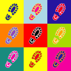 Footprint boot sign. Vector. Pop-art style colorful icons set with 3 colors.