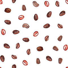 Watercolor natural aroma coffee beans seamless pattern