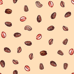 Watercolor natural aroma coffee beans seamless pattern