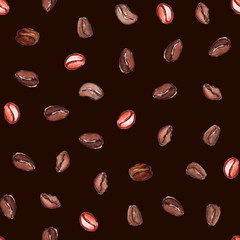 Watercolor natural aroma coffee beans seamless pattern