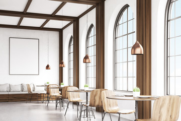 Side view of cafe with chairs, gray