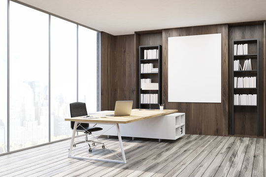CEO office with dark wooden walls, corner