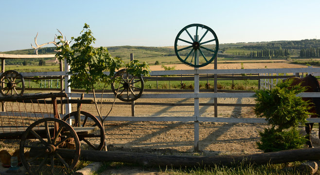 Beautiful view of a farm, a ranch, a pen for horses