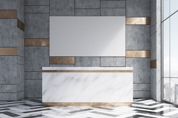 Marble reception counter with a long poster