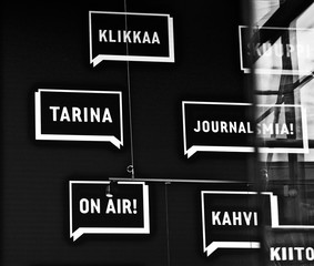 Speech balloons including Finnish words, Helsinki, Finland