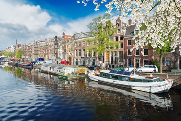 Fototapeta na wymiar embankment of Amstel canal in Amsterdam at blooming spring day, Netherlands