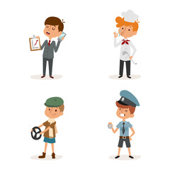 cartoon profession kids children vector set illustration person childhood chef policeman doctor driver businessman uniform worker character