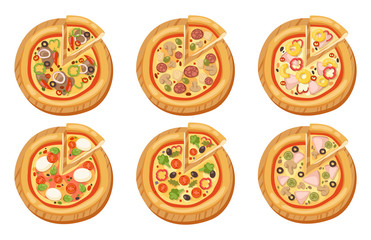 Pizza flat icons isolated vector illustration piece slice pizzeria food menu snack on white background pepperoni ingredient delivery italian set