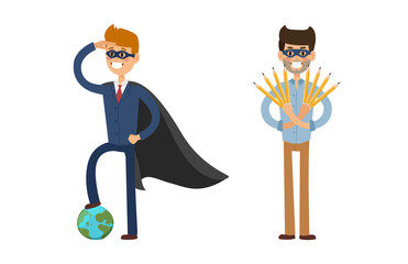 Superhero business man vector illustration set character success cartoon power concept businessman strong person silhouette leader team isolated