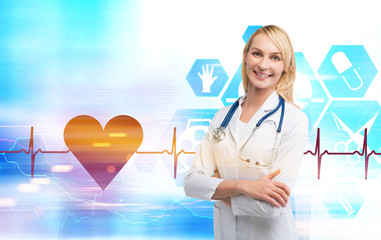 Blond woman cardiologist and medical icons