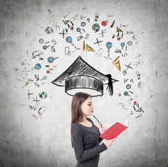 Side view of a girl with red book and education