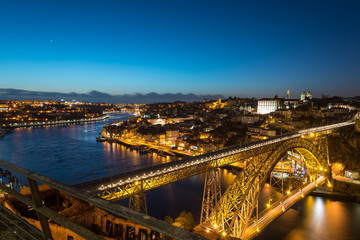 Fototapeta na wymiar Aerial night view of Porto (Oporto),Duoro river and Dom Luis I Bridge from Mosteiro da Serra do Pilar