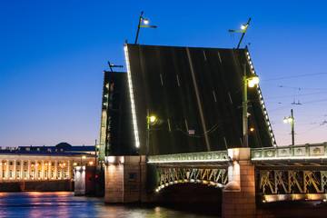 Divorced Palace Bridge during the White Nights wiev on Kuntskamera , St. Petersburg, Russia. July...