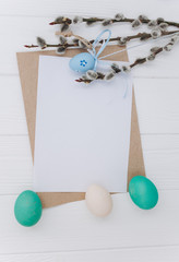 Easter concept. greeting card, eggs  and presents, rabbit on a white background