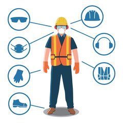 Worker with Personal Protective Equipment and Safety Icons - 141084225