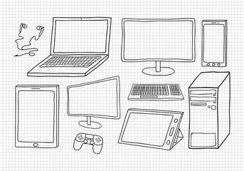 Electronic devices including computer, laptop, monitors, smart phone, tablets, keyboard, game controller and ear phones. Transparent vector line-art isolated on grid background.