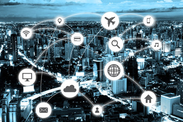 cityscapes network with travel icon and shoping icon