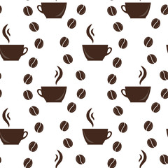 Cups and coffee beans. Food and drink pattern. Vector illustration. Wallpaper, print packaging, textiles. Vector seamless background