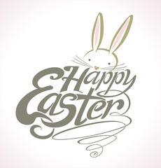 Happy Easter text and bunny peeking out as Easter logotype. Hand sketched lettering typography. Greetings badge for card, invitation, poster, banner template.