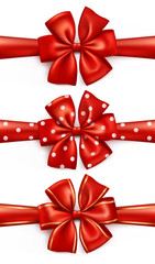 Red ribbon gift bows with polka dots and golden rims