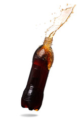Cola splashing out of bottle., Isolated white background.