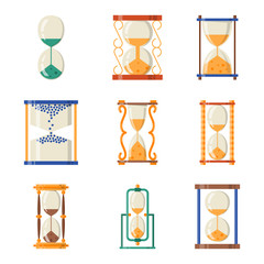 Sandglass icon time flat design history second old object and sand clock hourglass timer hour minute watch countdown flow measure vector illustration.