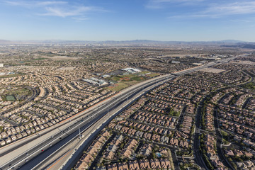 Aerial view of the 215 freeway in the Summerlin neighborhood of Las Vegas, Nevada.